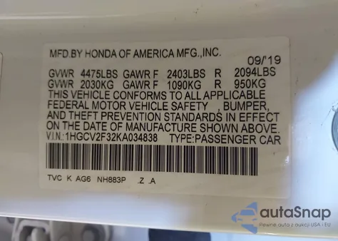 2019 Honda Accord Sport 2.0T из США, поврежденный, VIN 1HGCV2F32KA034838